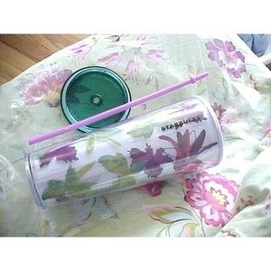 24oz Venti Falling LEAVES Pink Green Floral Plastic Starbucks Cup COLD Tumbler